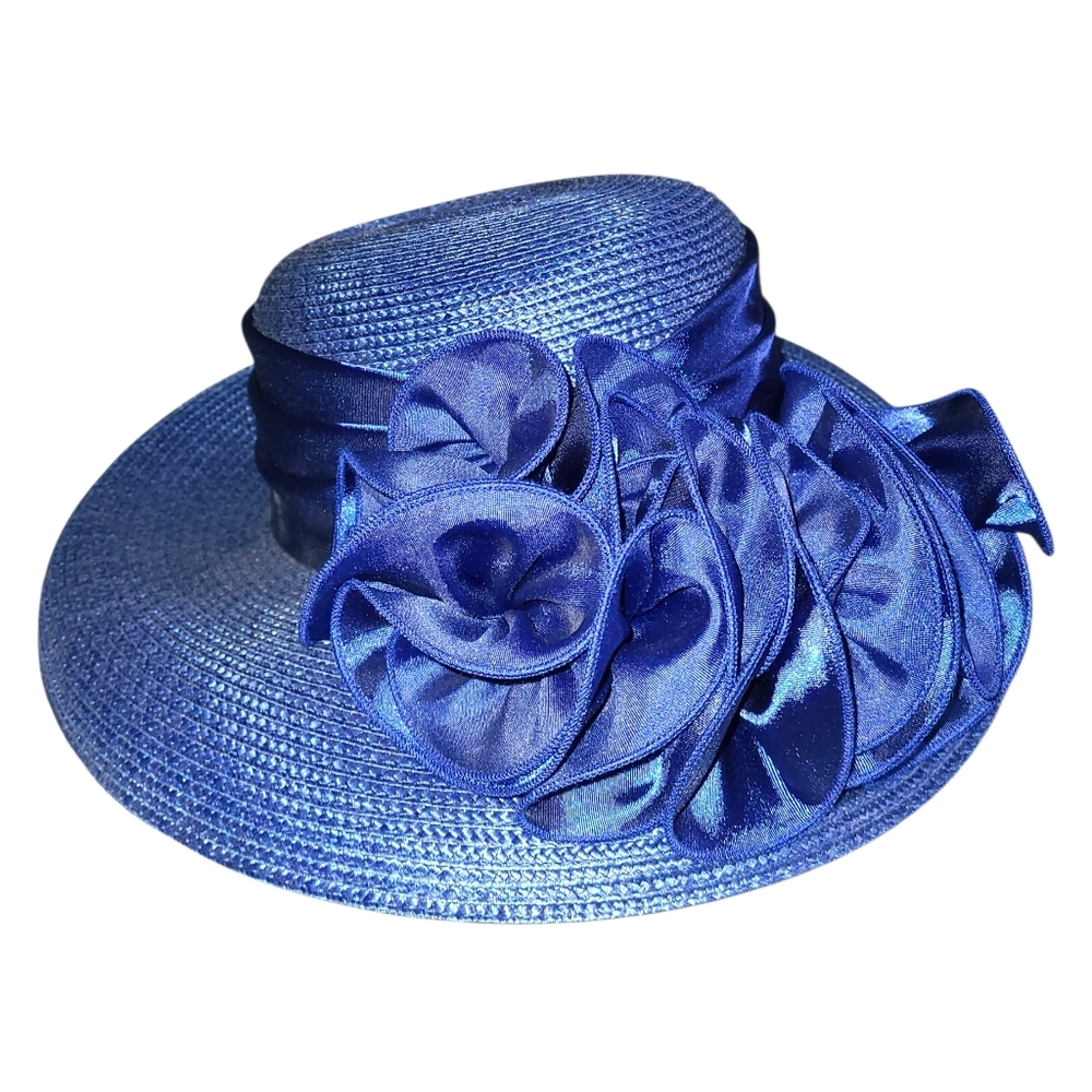 Plaza Suite‎ Royal blue women's church hat wide, floppy brim large satin flower